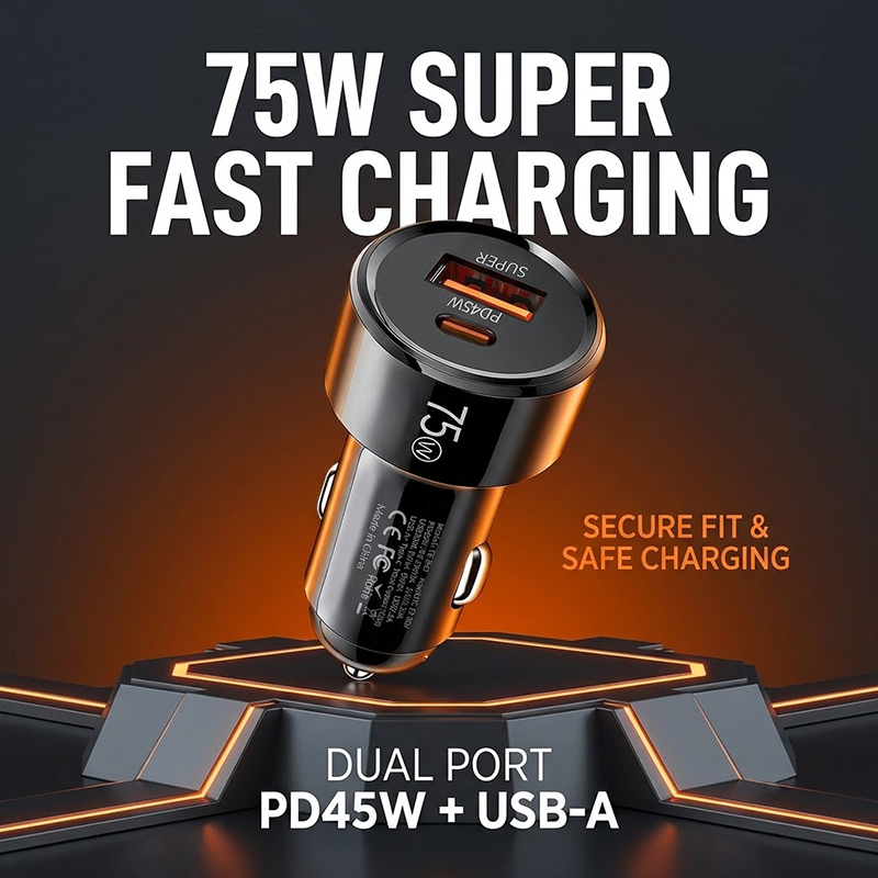 Usb C Hub - 75W Çift Portlu Araç Şarj Cihazı